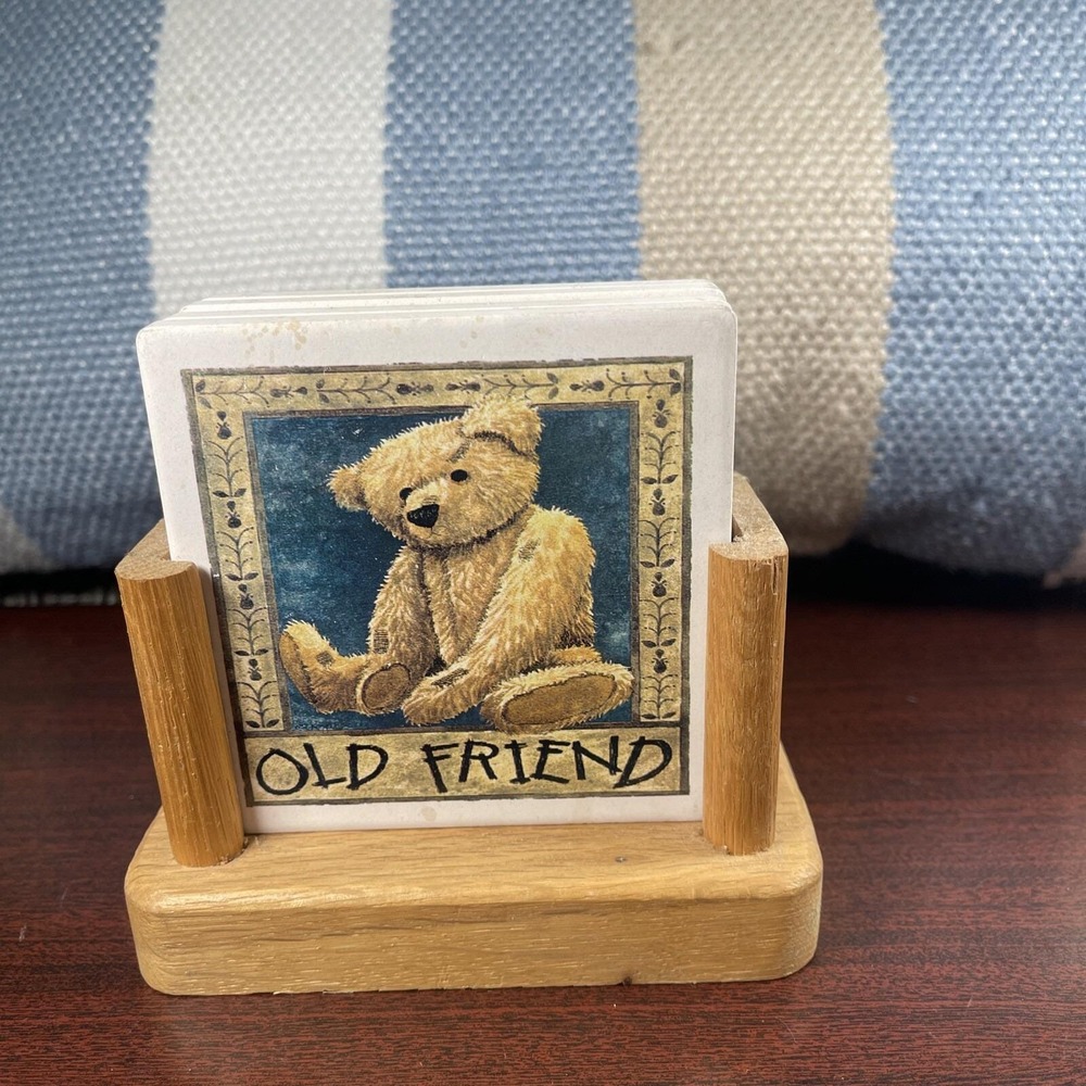 Vintage Absorbent Stone Art Coaster Set With Holder Old Friend Teddy‎ Bear 3"x3"